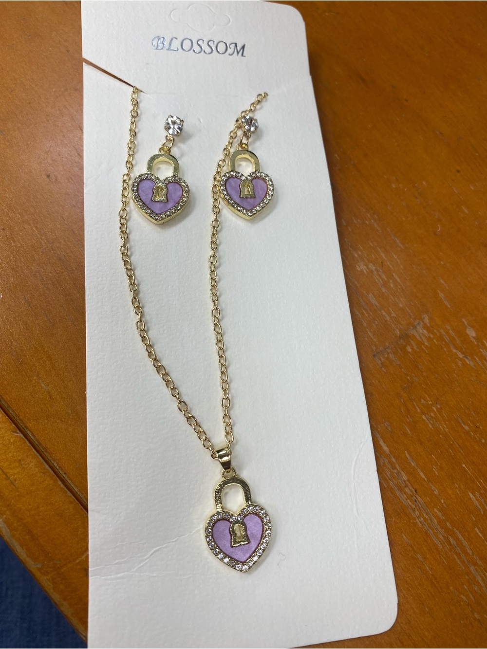 Blossom Gold-Tone Purple Heart Lock Necklace & Earring Set